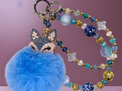 Luxury Blue Fox Pompom Bag Charm Keychain with Beaded Strap - Purse Dangler Accessory