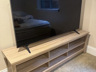 Light Oak Wood Grain TV Stand Console with Open Shelves