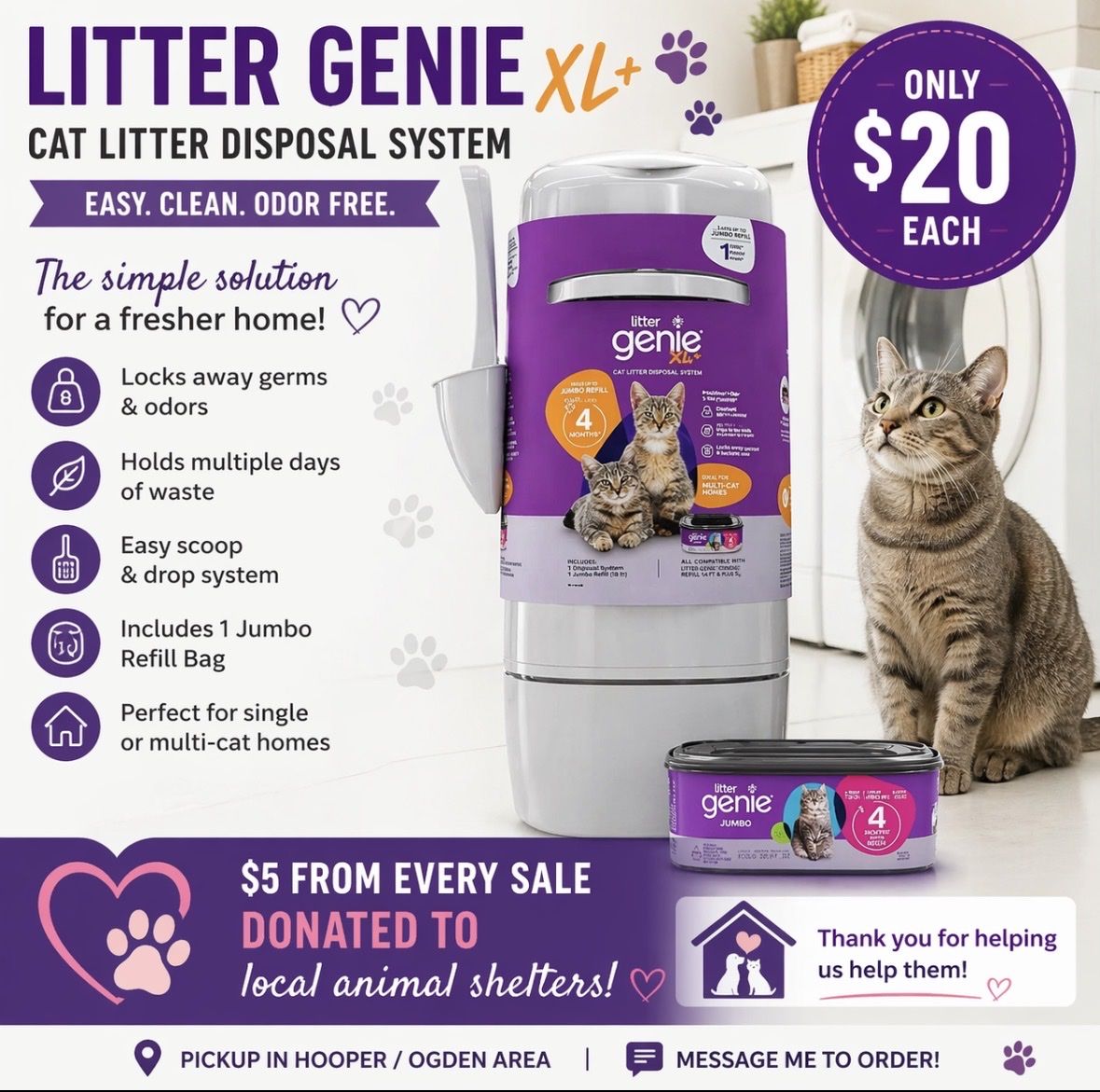 Litter Genie XL+ Cat Litter Disposal System - Easy, Clean, Odor-Free with Jumbo Refill Bag