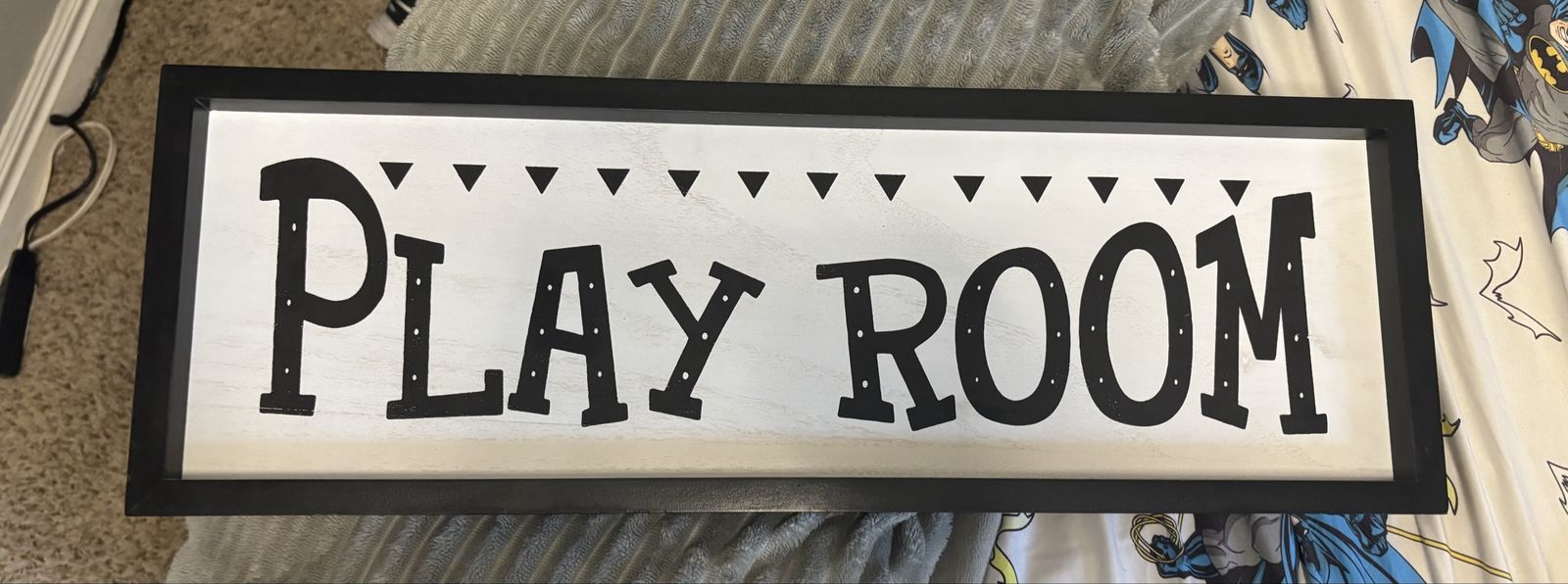Play Room Wood Sign Framed Wall Decor - Black & White Typography Art
