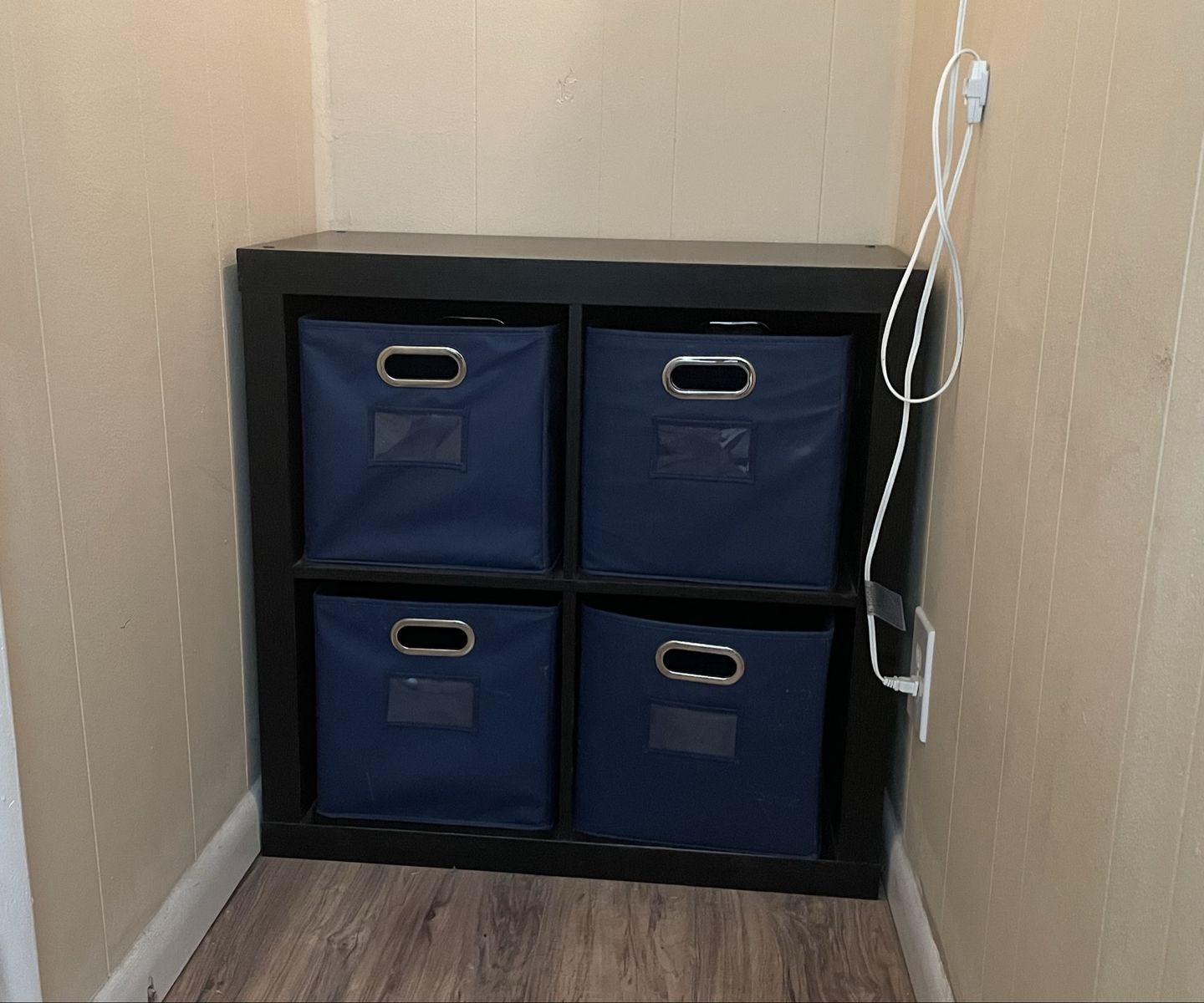 Black 4-Cube Storage Shelf Unit with 4 Blue Fabric Totes - 30" Tall x 30" Wide