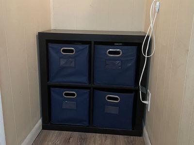 Black 4-Cube Storage Shelf Unit with 4 Blue Fabric Totes - 30" Tall x 30" Wide