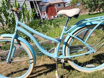 Cruiser Bike, Light Blue Beach Cruiser Bicycle with Rear Rack, Single Speed