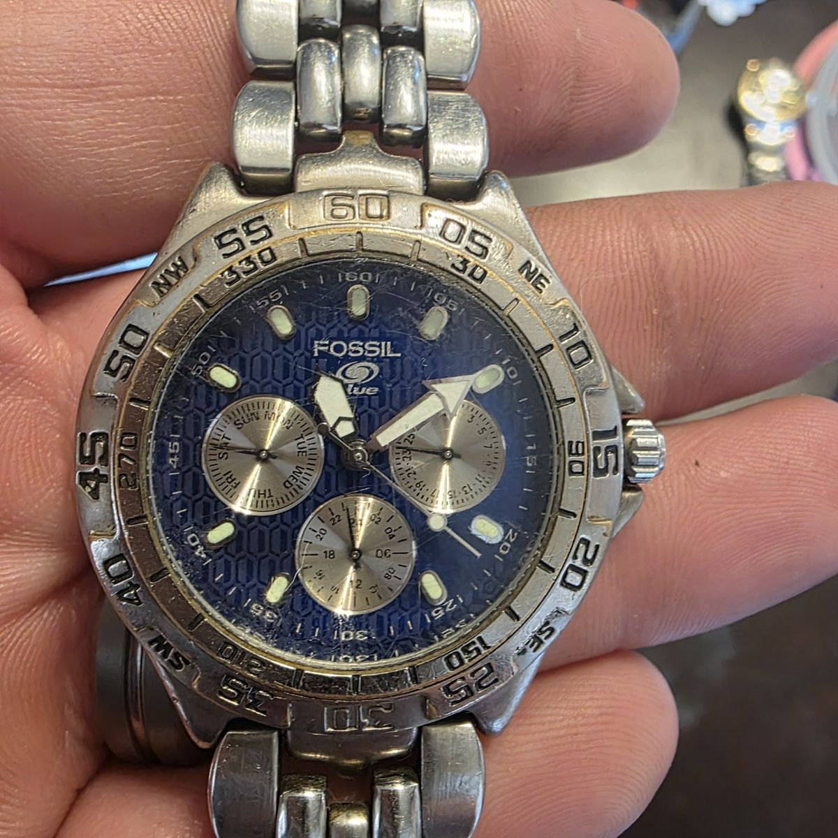 Vintage Fossil Blue Chronograph Stainless Steel Analog Watch