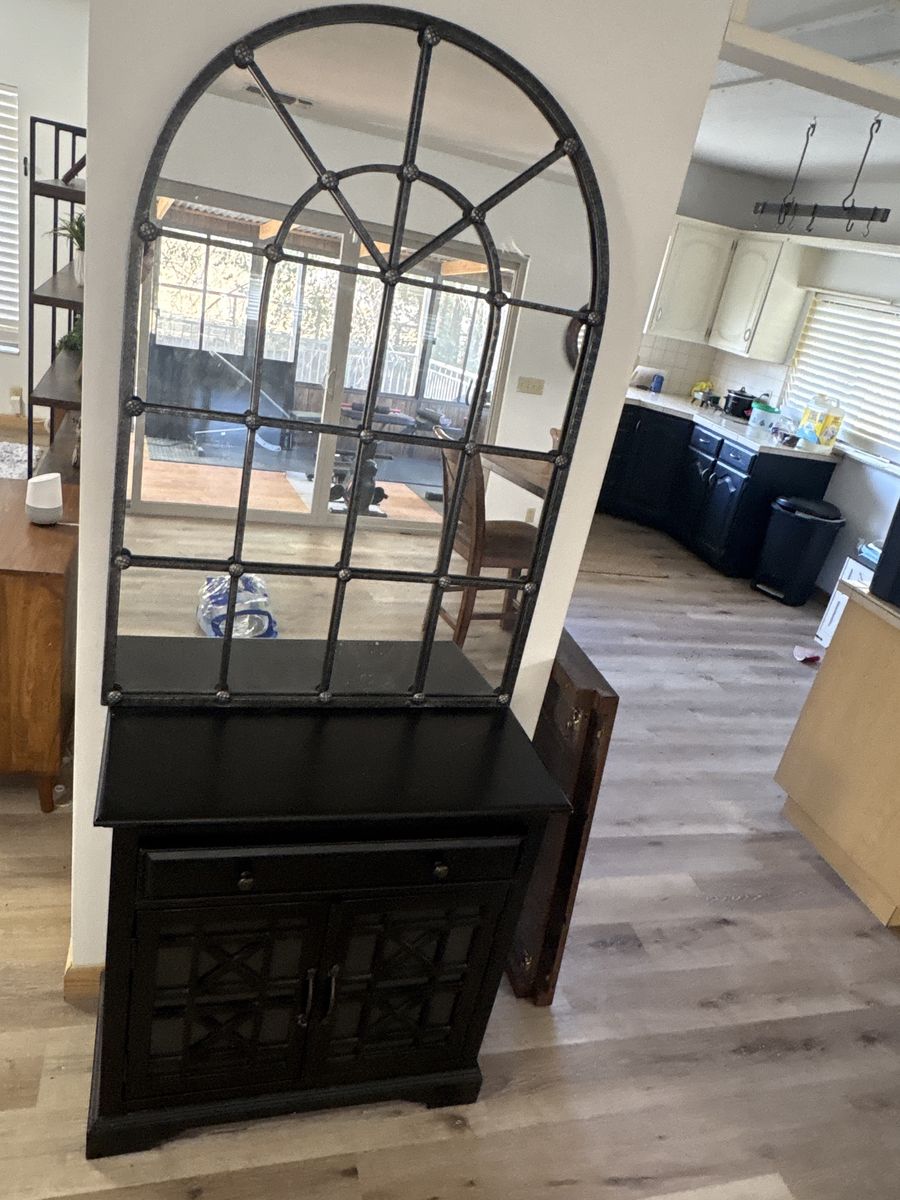 Large Arched Window Pane Mirror & Black Cabinet Set - Decorative Home Decor