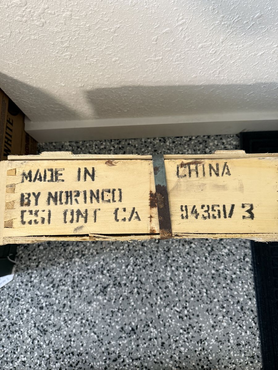 7.62 X 39mm 1200 rounds in an unopened wood crate from China, made by Norinco. Steel core? Spam cans inside?