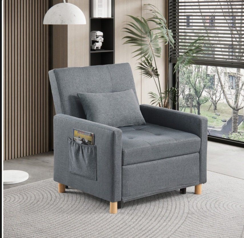 Convertible Sleeper Sofa Chair Bed - Gray Linen Adjustable Armchair with Side Pocket 3 in 1