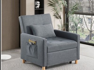 Convertible Sleeper Sofa Chair Bed - Gray Linen Adjustable Armchair with Side Pocket 3 in 1