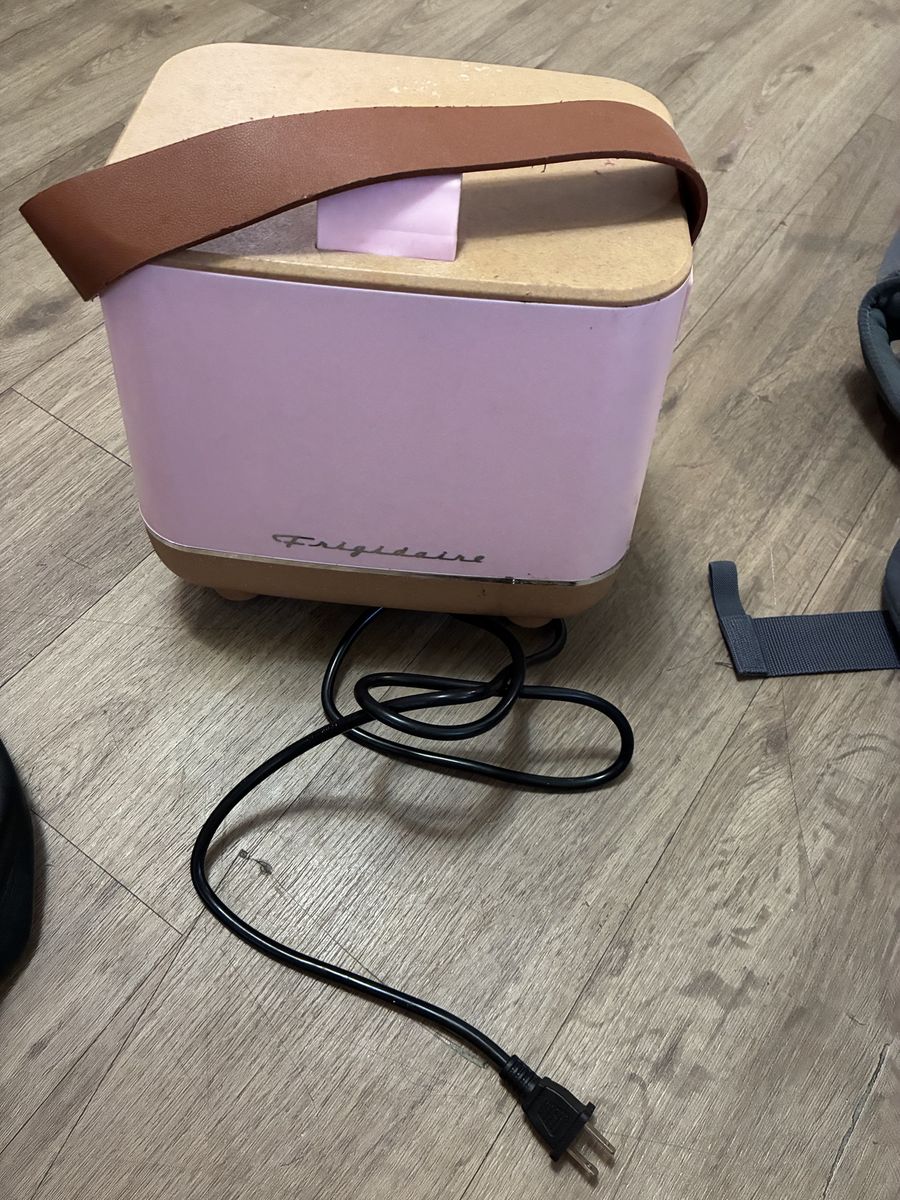 Frigidaire Compact Portable Mini Fridge in Pink with Brown Leather Strap