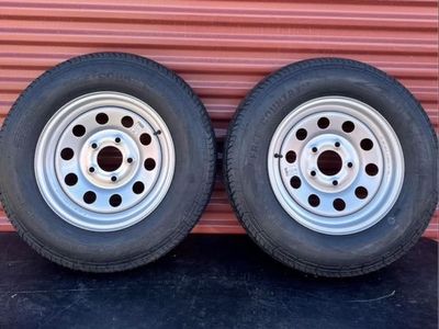 Set of 2 Free Country ST 205/75 D Trailer Tires Mounted on New Silver Wheels Brand New 5 on 5 Pattern