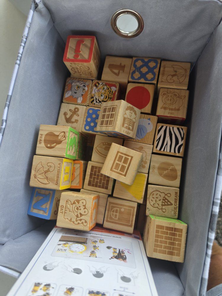 Mixed Toy Lot with Wooden Alphabet Blocks, Stuffed Bunny, Minions Decals & Mini Basketball