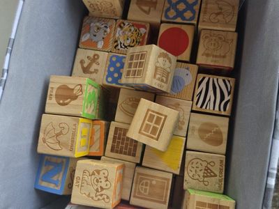 Mixed Toy Lot with Wooden Alphabet Blocks, Stuffed Bunny, Minions Decals & Mini Basketball