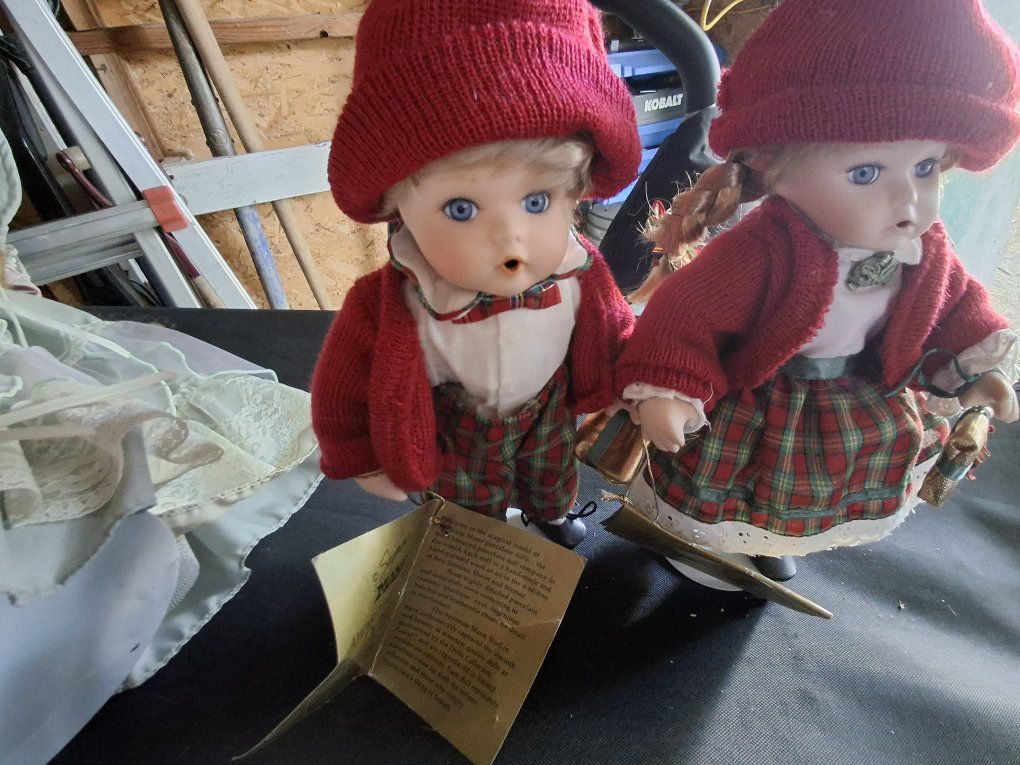 Seymour Mann Award Winning Porcelain Doll Collection - Boy & Girl Plaid Outfits, Red Knit Hats