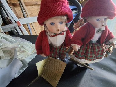 Seymour Mann Award Winning Porcelain Doll Collection - Boy & Girl Plaid Outfits, Red Knit Hats