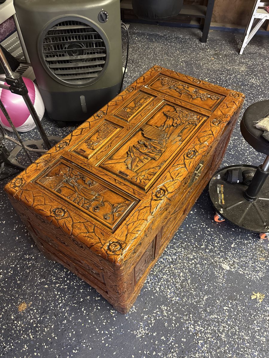 Vintage Hand-Carved Wooden Chest Trunk, Ornate Relief Carvings