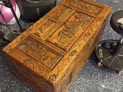 Vintage Hand-Carved Wooden Chest Trunk, Ornate Relief Carvings