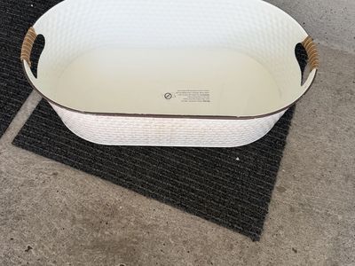 Large Oval White Metal Tub with Woven Handle Accents, Hammered Texture
