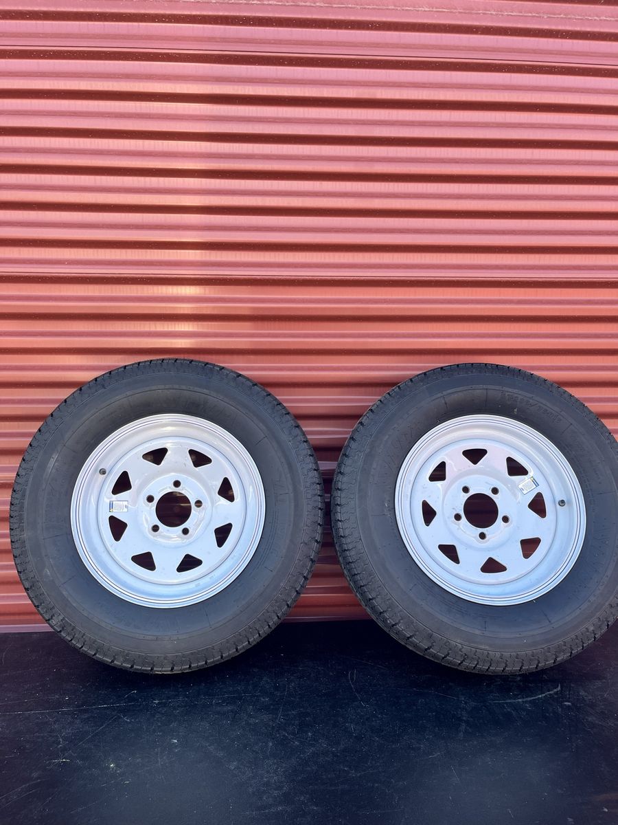 New Set of 2 Winda ST 205/75 R 15 Trailer Tires Mounted on New White Spoke Wheels 5 on 4.5 Brand New