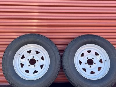New Set of 2 Winda ST 205/75 R 15 Trailer Tires Mounted on New White Spoke Wheels 5 on 4.5 Brand New