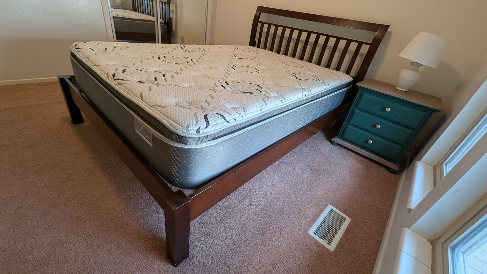 Full size platform wood bed frame and firm mattress