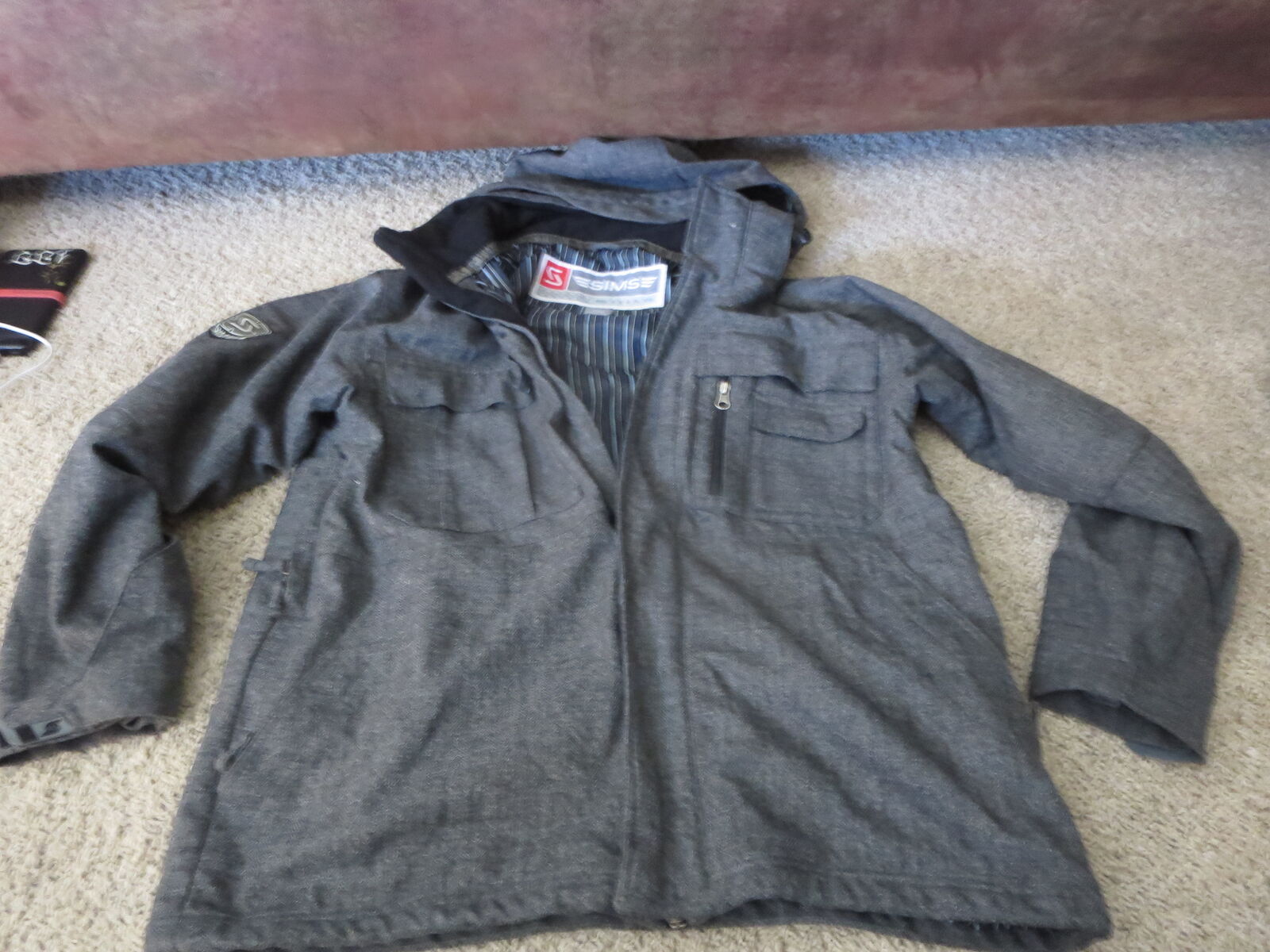 SIMS Docker Charcoal Heavyweight Snowboard Jacket Men's L Hooded Pockets Lined