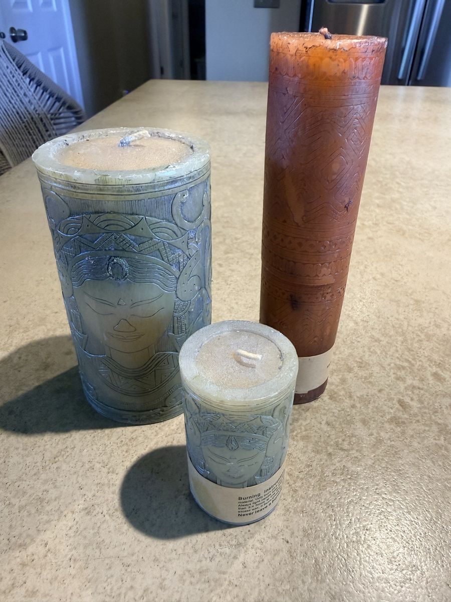 Set of 3 Decorative Pillar Candles with Carved Tribal and Buddha Face Designs