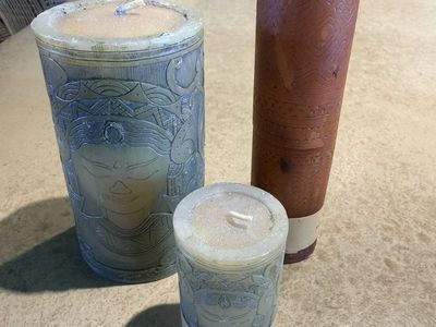 Set of 3 Decorative Pillar Candles with Carved Tribal and Buddha Face Designs