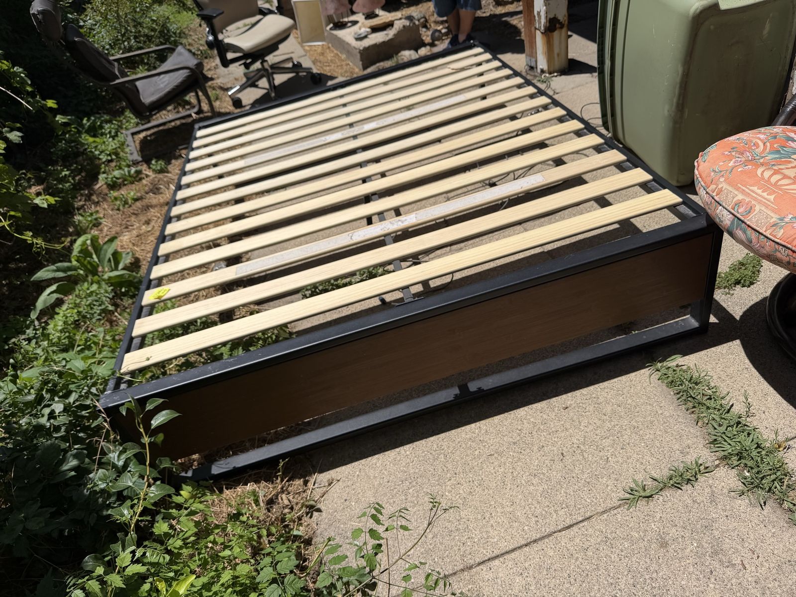 Modern Black Metal & Wood Slat Bed Frame