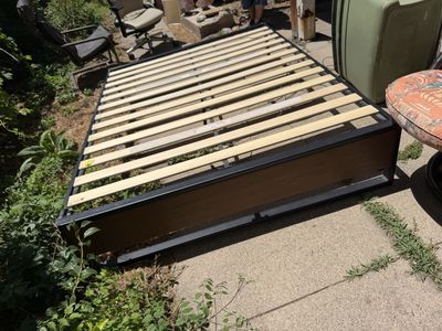 Modern Black Metal & Wood Slat Bed Frame