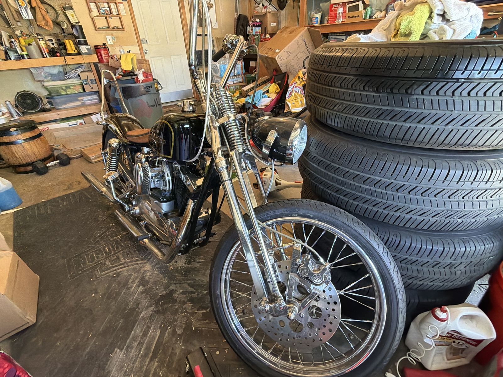 (For sale or trade)1964 Custom Black Chopper Motorcycle - Vintage Style with Chrome Accents & Tooled Leather Seat