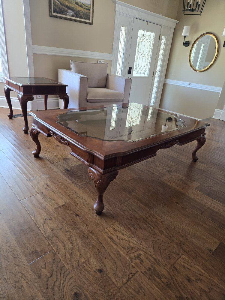 Vintage Wooden Glass Top Coffee and end Table with Carved Legs - Used, Good Condition