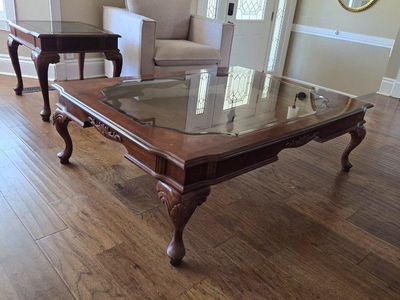 Vintage Wooden Glass Top Coffee and end Table with Carved Legs - Used, Good Condition