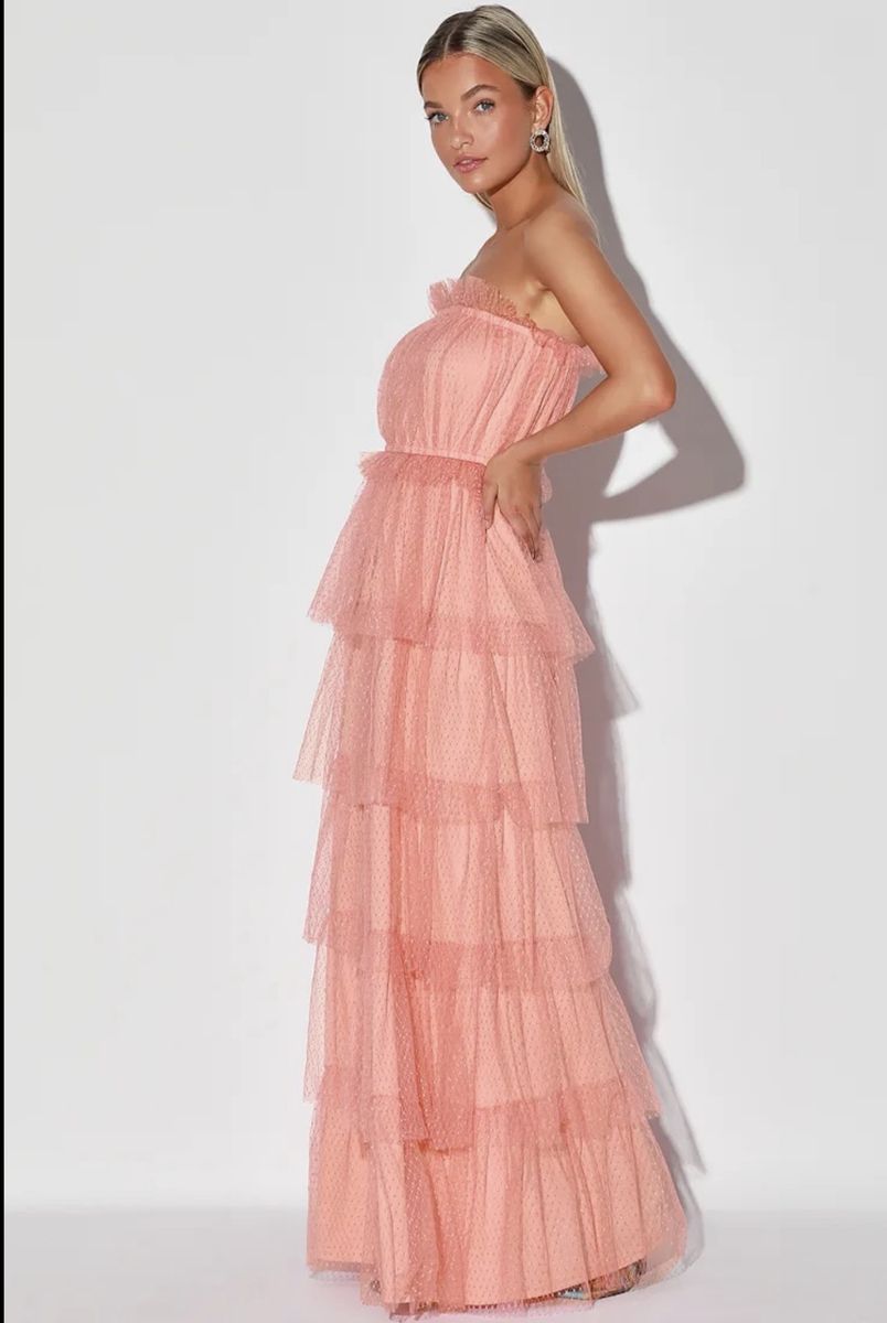 Lulu’s Tier for a Good Time Coral Pink Strapless Tiered Maxi Dress