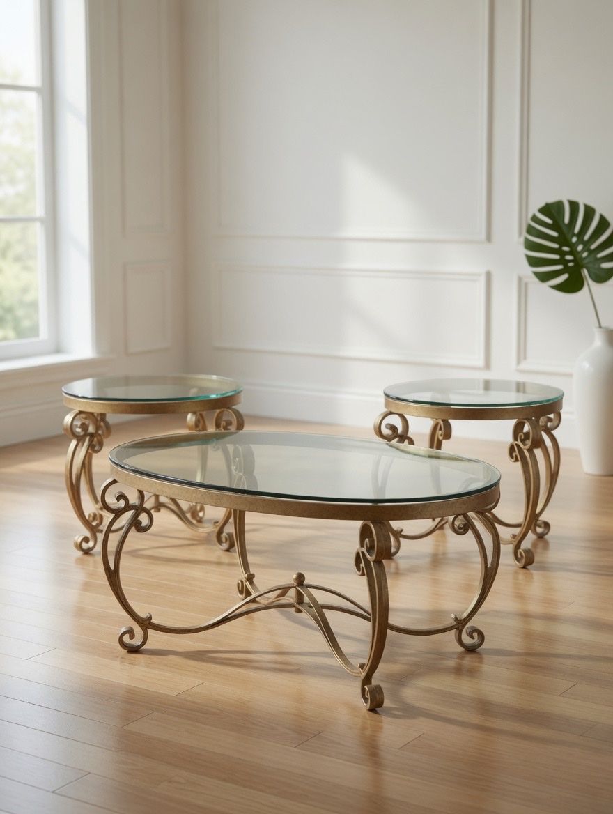 4 piece high-end gold and glass top table set.