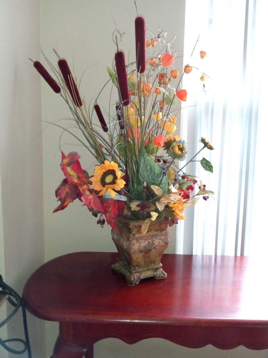 Fall Floral Arrangement with Sunflowers and Cattails in Decorative Pot