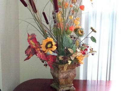 Fall Floral Arrangement with Sunflowers and Cattails in Decorative Pot