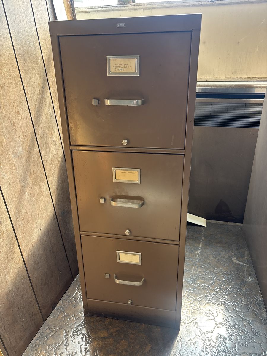 Vintage Brown Metal 3-Drawer Filing Cabinet for Office Storage