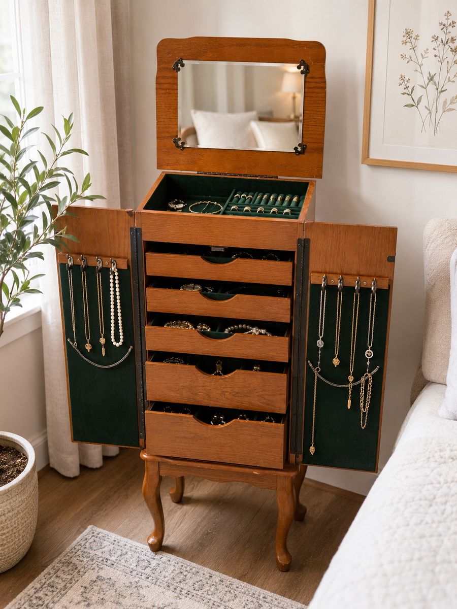 Powell Wood Jewelry Armoire Cabinet 6 Drawer Mirror Necklace Storage green velvet lined- great condition!!