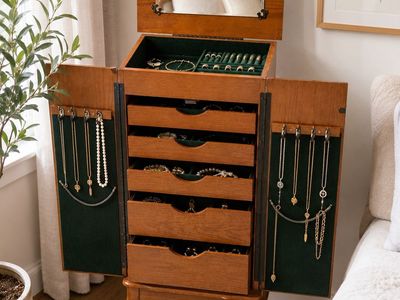 Powell Wood Jewelry Armoire Cabinet 6 Drawer Mirror Necklace Storage green velvet lined- great condition!!