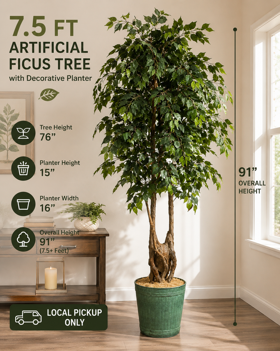 7.5 Ft Artificial Ficus Tree with Decorative Twisted Trunk & Planter Pot – Realistic Indoor Decor