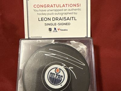 Authentic Leon Draisaitl Autographed Edmonton Oilers Single-Signed NHL Hockey Puck Fanatics