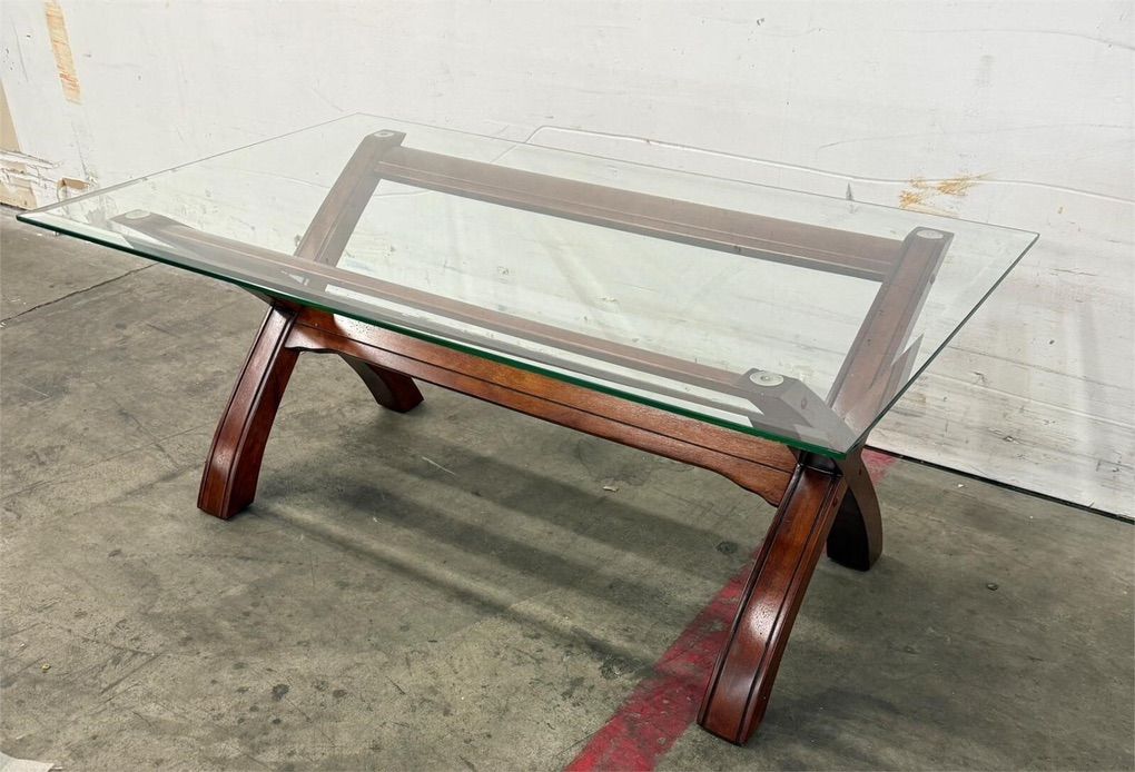 Royola X Frame Glass Top Table, Solid Wood