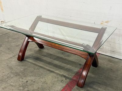 Royola X Frame Glass Top Table, Solid Wood