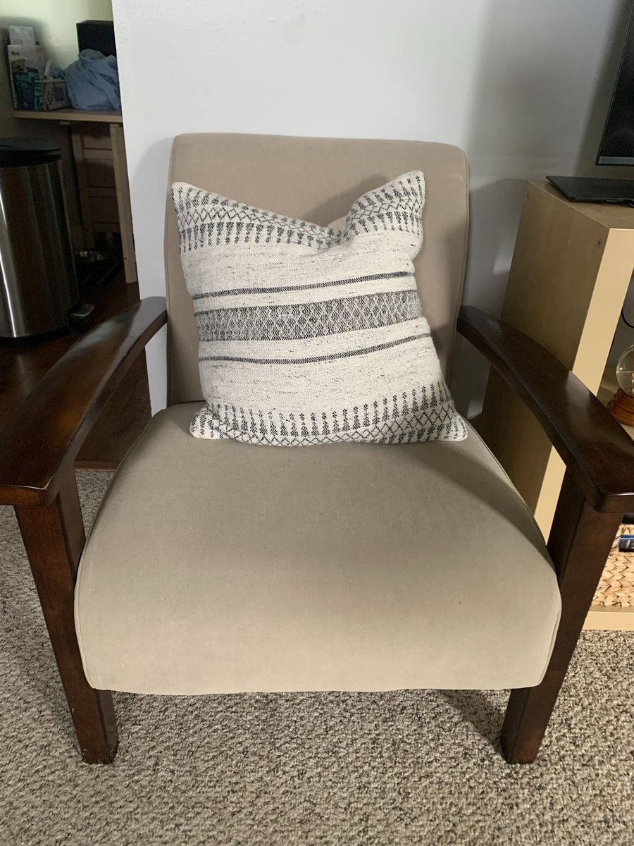 Armchair with Wood Accents - Beige Upholstery, Excellent Condition