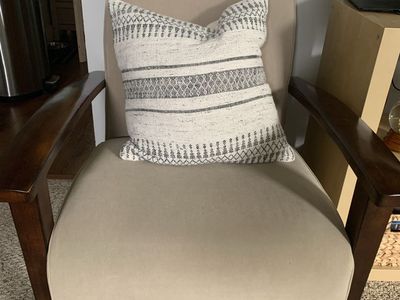 Armchair with Wood Accents - Beige Upholstery, Excellent Condition