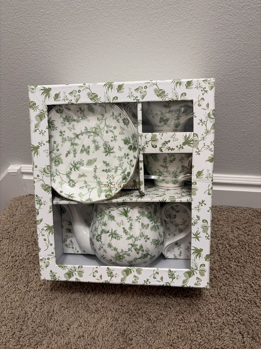 Grace Teaware Fine Porcelain Teapot, Cups & Saucers Set - Green Floral Butterfly Pattern