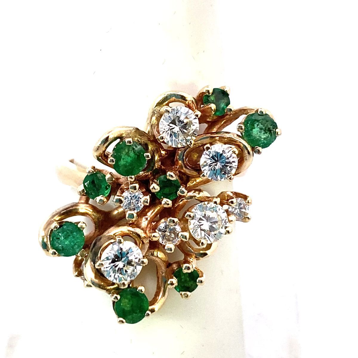 14k Yellow Gold Natural Emerald & Diamond Cluster Spray Cocktail Ring Size 6 3/4