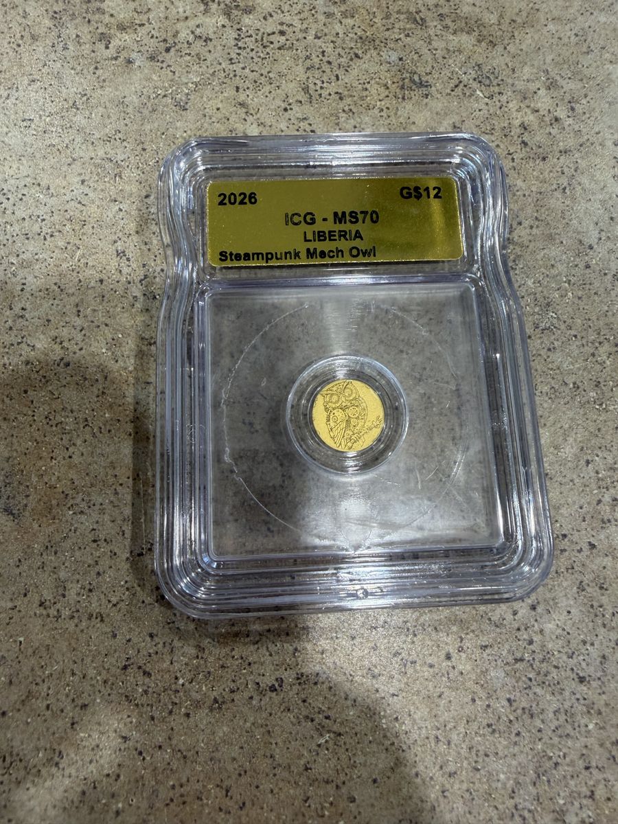 2026 Liberia Steampunk Mech Owl 1/1000 oz Gold Coin ICG MS70 - GS12 Graded