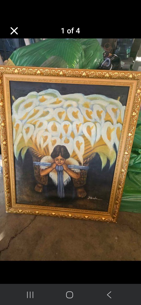 Vintage J. H. Kahn Framed Oil Painting, Folk Art Style with Floral & Figure Motif