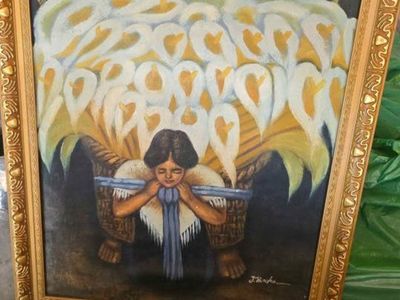 Vintage J. H. Kahn Framed Oil Painting, Folk Art Style with Floral & Figure Motif